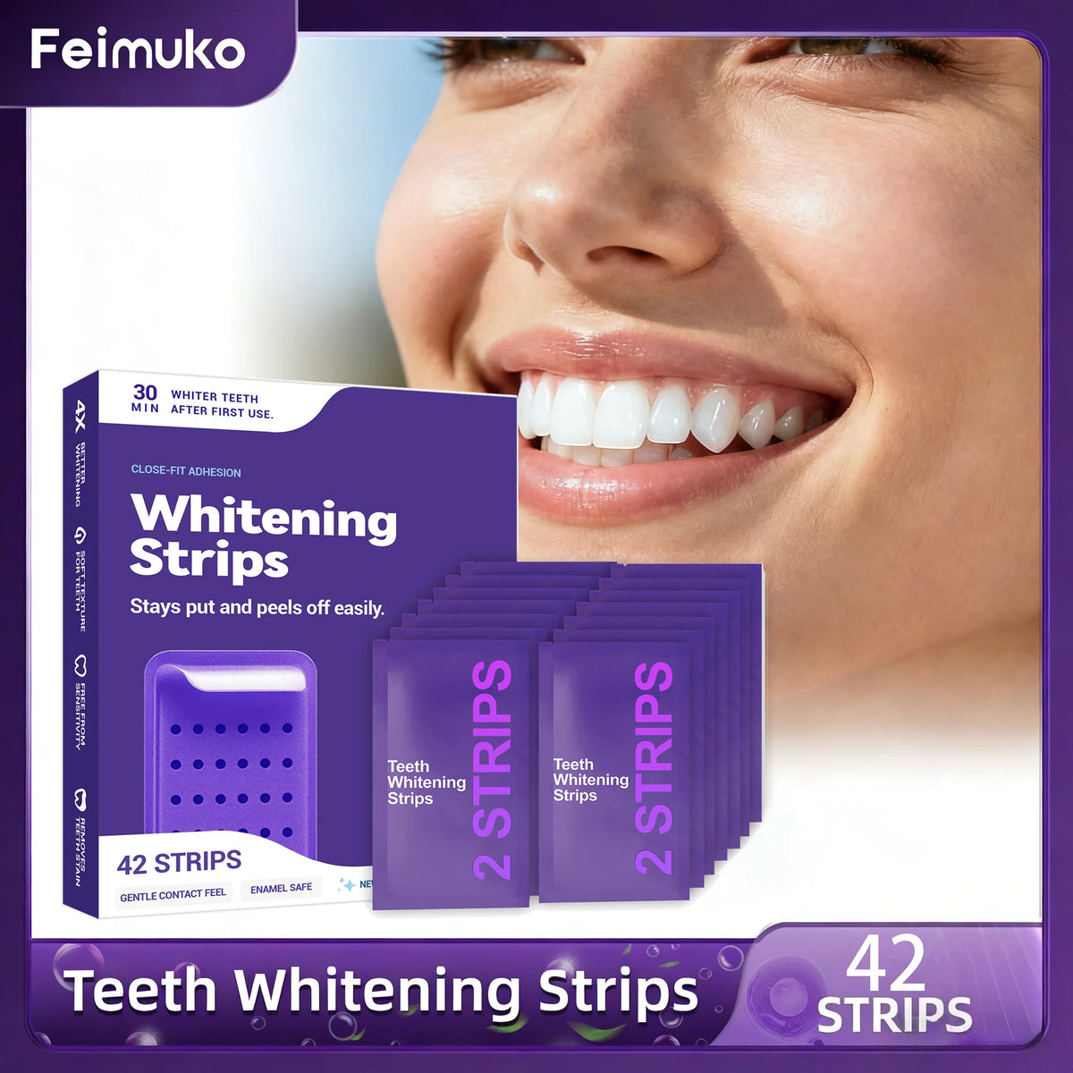 Purple Teeth Whitening Strips for Stain Removal and Oral Cleaning