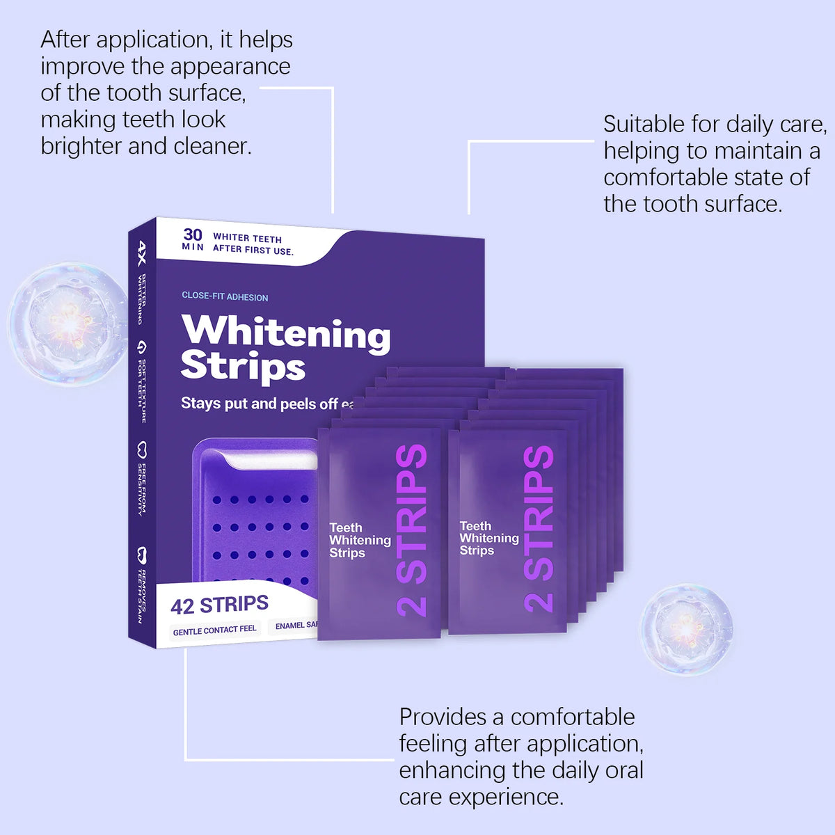 Purple Teeth Whitening Strips for Stain Removal and Oral Cleaning