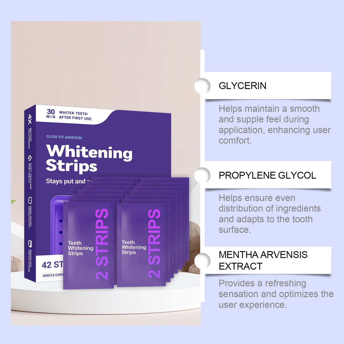 Purple Teeth Whitening Strips for Stain Removal and Oral Cleaning